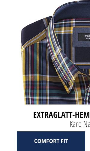Extraglatt-Hemd Button Down Karo Navy Gelb | Walbusch