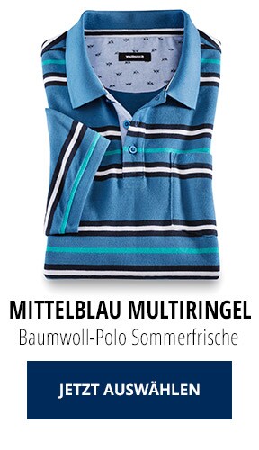 Baumwoll-Polo Sommerfrische Mittelblau Multiringel | Walbusch Baumwoll-Polo Sommerfrische Mittelblau Multiringel | Walbusch